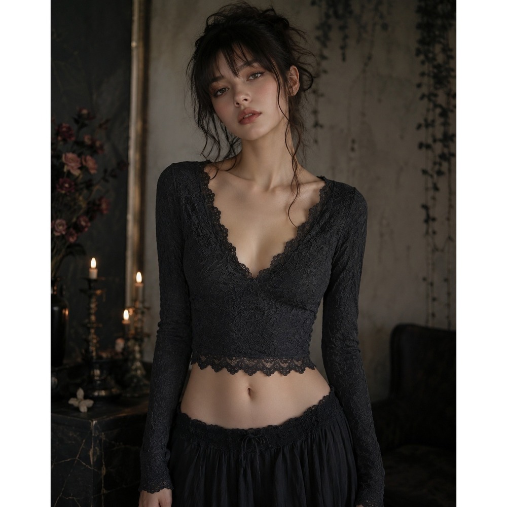 Dark Gothic Romantic Black Floral Lace Top Y2K Fairy Grunge Crop XL Witchy Alt